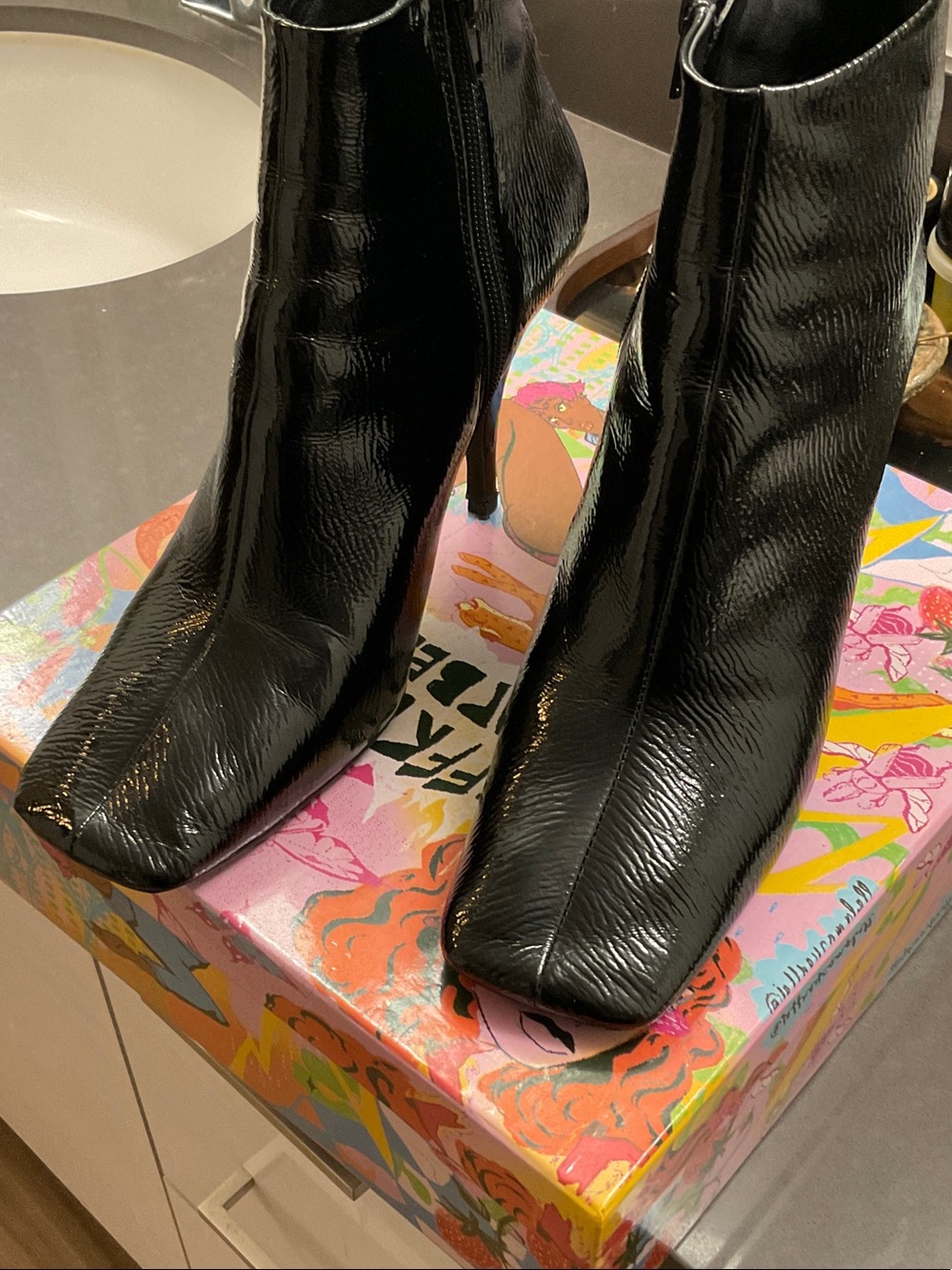 Jeffrey Campbell Black Patent Square-Toe Stiletto Ankle Boots